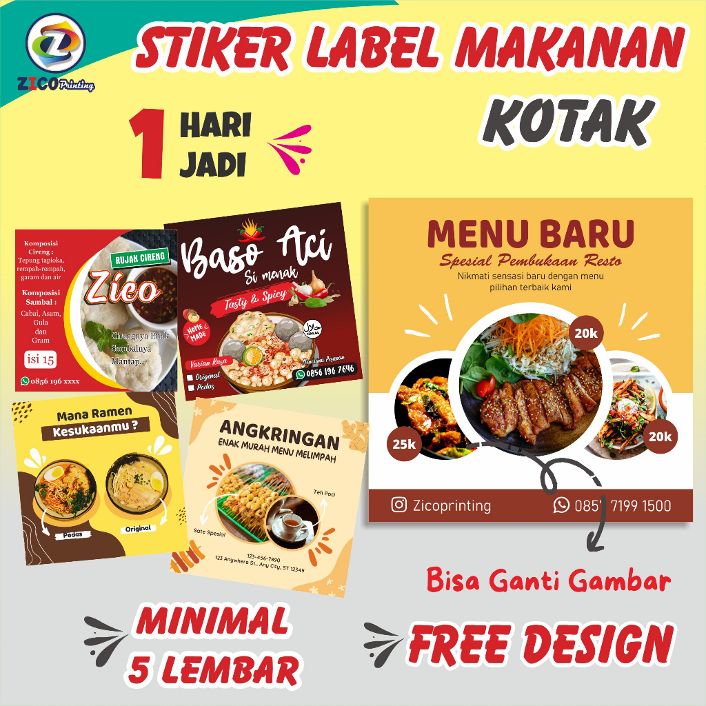 

CETAK STIKER LABEL CUSTOM PRODUK MAKANAN BENTUK KOTAK + CUTTING