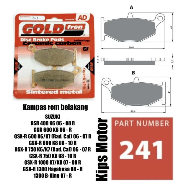 Kampas rem belakang Suzuki GSX GSR 400 K6 GSXR 600 K6 K7 K8 750 K6 K7 K8 1000 K7 K8 1300 Hayabusa B 