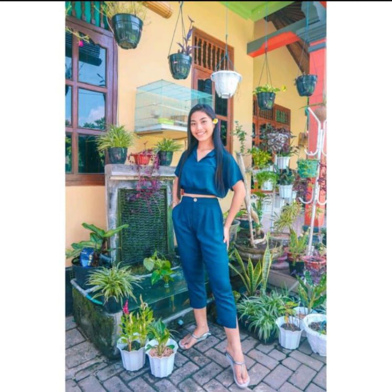 Setelan set wanita polos atasan crop