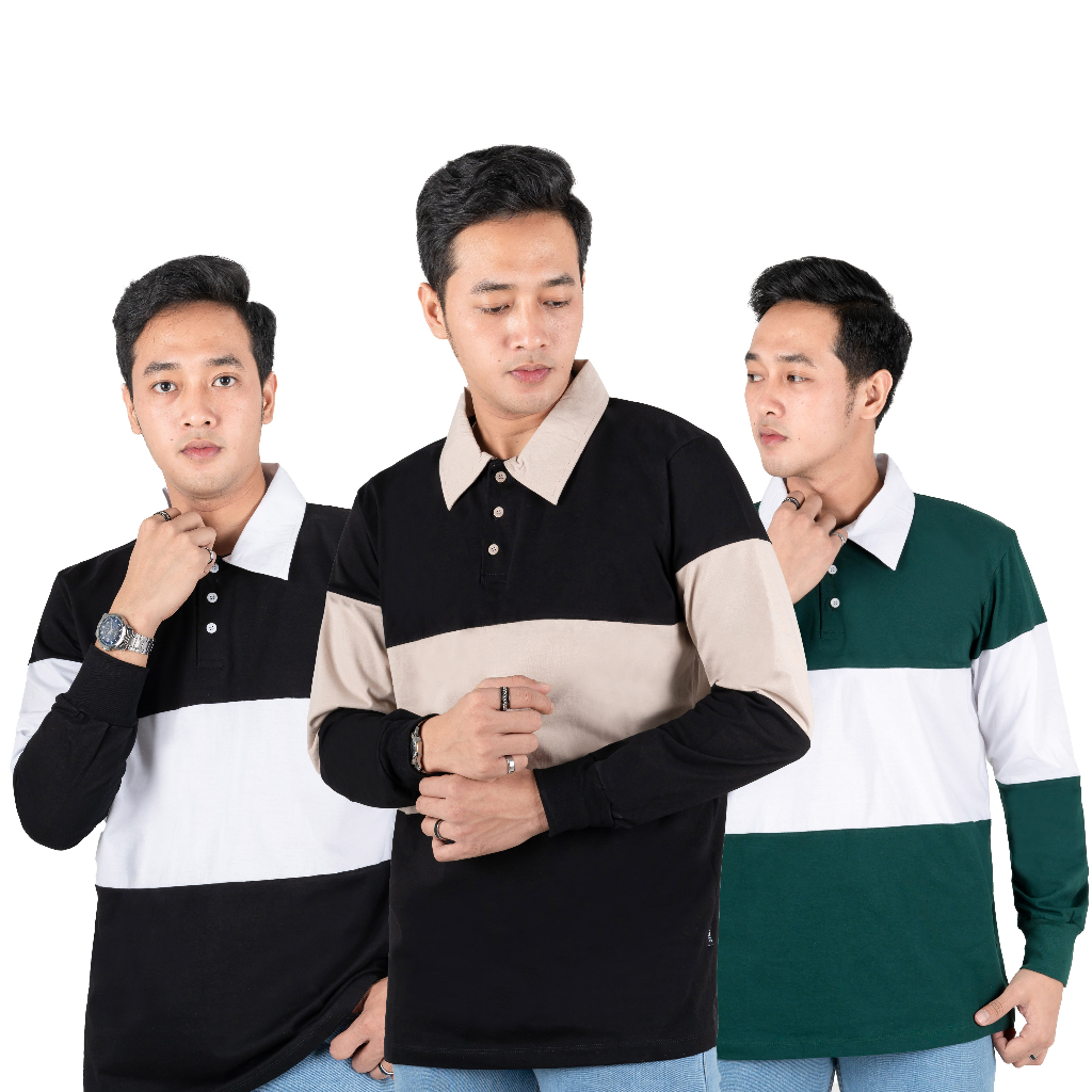 Otsky Kaos Pria Rugby Long Striped Cotton Combed 24s Polo Katun 2(O)