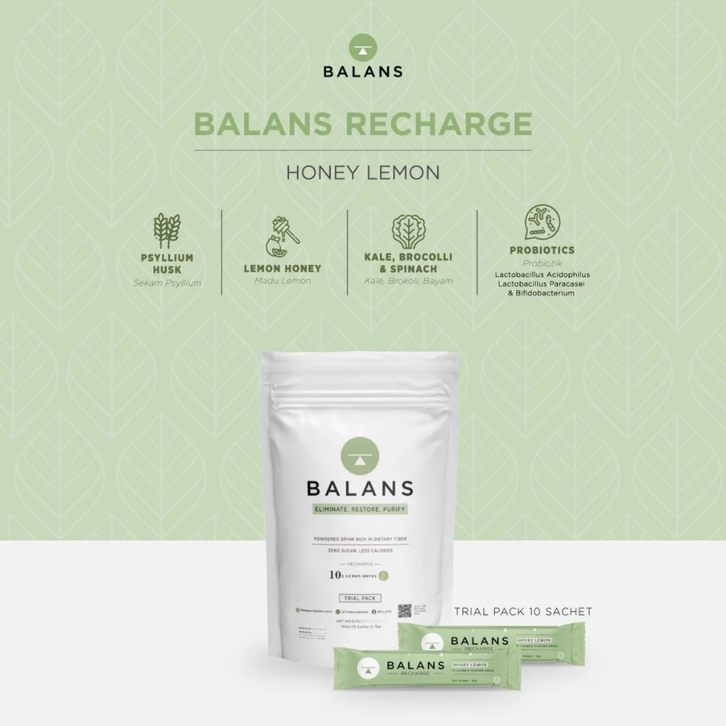 

BALANS Recharge Trial Pack l Honey Lemon l Fiber & Probiotics Drinks - isi 10 sachet / BALANS RECHARGE TRIAL PACK 10 SACHET / Balans Recharge Honey Lemon 10 Sachet