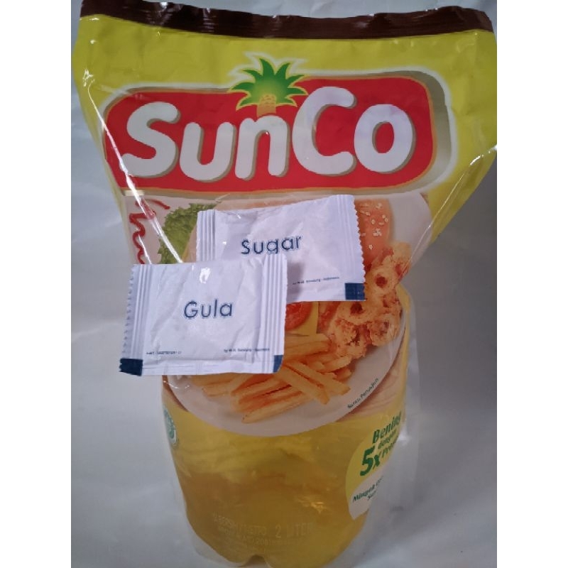 

Minyak Goreng Sunco 2L free gula pasir (sachet 6/8gram), minyak goreng sunco kemasan pouch/reffil 2liter murah