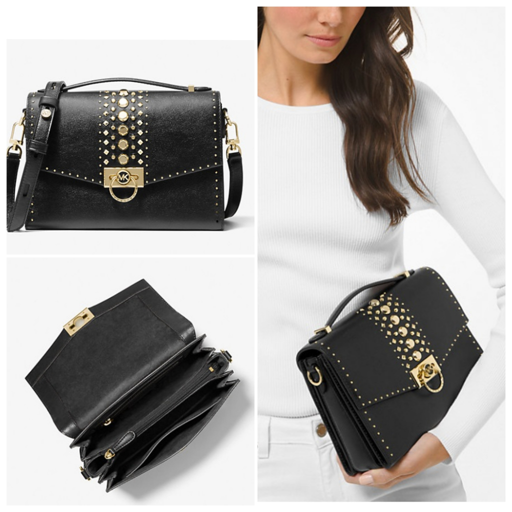 Tas MK Hendrix Medium Studded Leather Messenger Black sz 25x18x8cm