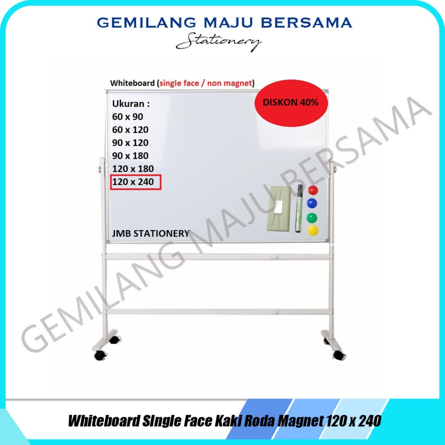 

Whiteboard Papan Tulis + Kaki Roda 120cm x 240cm (1 Muka / non magnet)