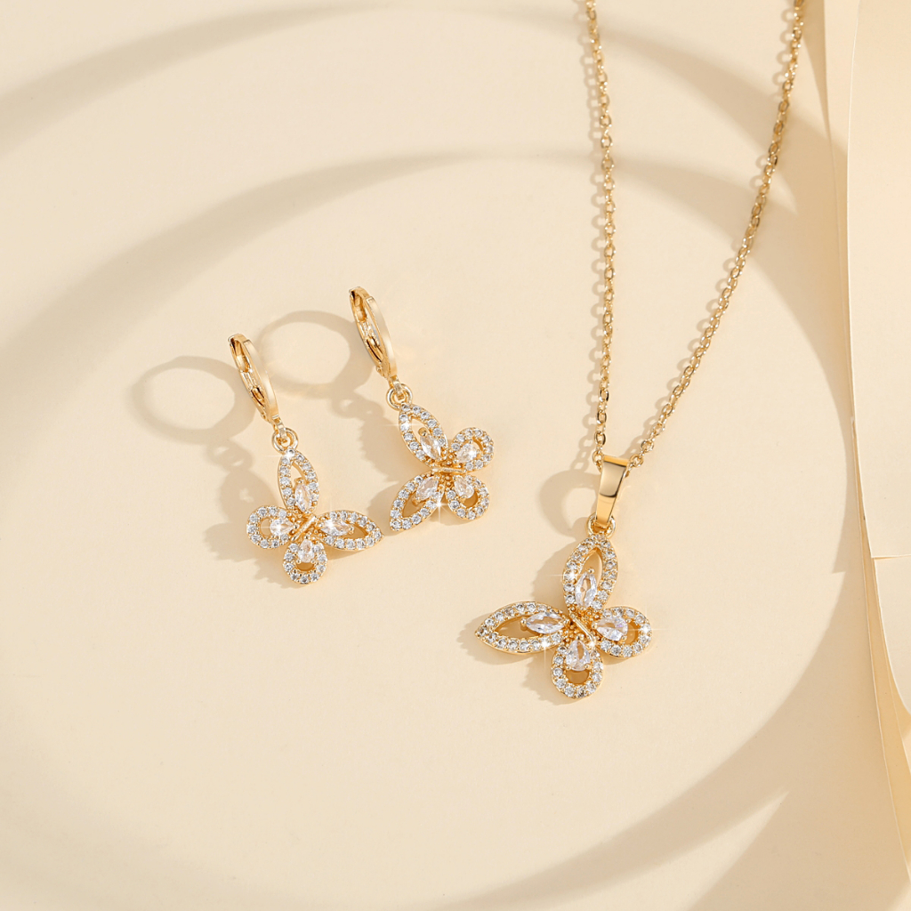 Lanme Jewelry Kalung Anting Kupu-Kupu Titanium Set Lapis Emas Titanium Asli Anti Luntur Anti Karat S