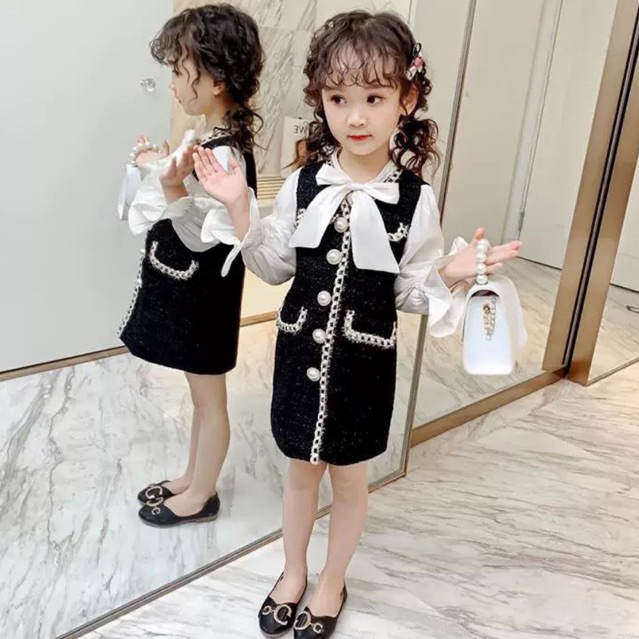 1-8Tahun Dress mini korea elegan baju pesta hitam putih anak perempuan mewah
