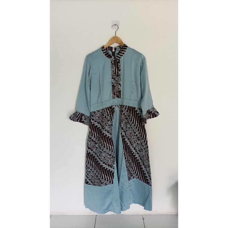 [Preloved] Gamis Batik Kombinasi Polos Biru Coklat