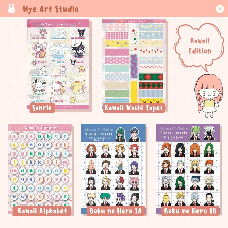 

MYE ART STUDIO Sticker Sheet A6 Kawaii Sanrio Washi Tapes Alphabet Boku no Hero series