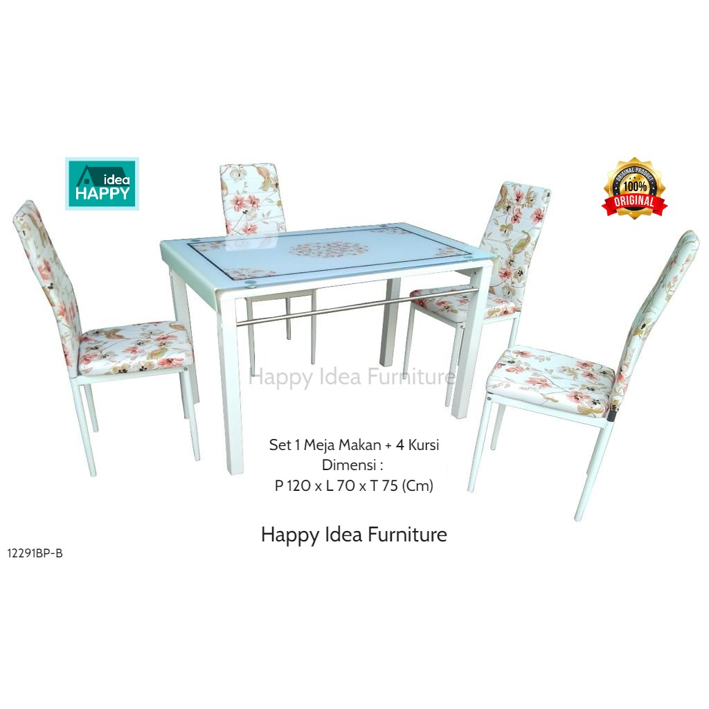 𝗛𝗮𝗽𝗽𝘆 𝗜𝗱𝗲𝗮 - Set Meja Makan Murah + 4 Kursi Mewah Elegan Import Bahan Besi & Kaca Tempered Tebal Flo