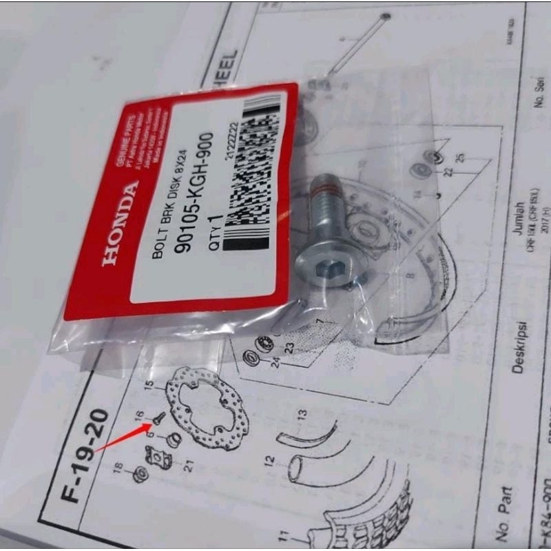 Baut cakram belakang crf150 original Part: 90105KGH900