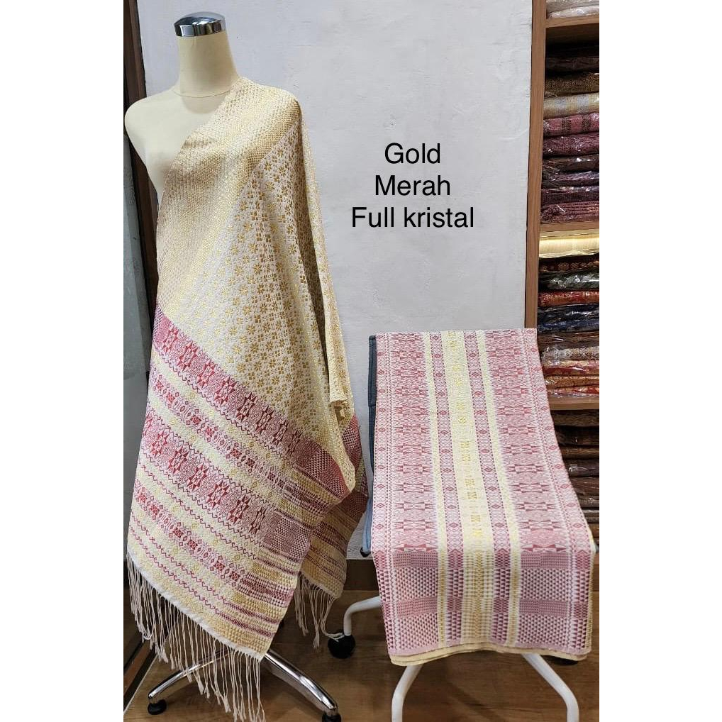 Songket Tumtuman Sarung SelendangPink Ungu Full Kristal