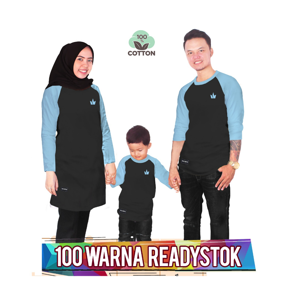 RAGLAN BASIC HITAM BIRU MUDA Baju Kaos Keluarga couple anak laki laki perempuan ibu ayah ada ukuran 