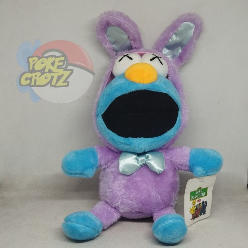 Boneka KAWS x sesame street cookie monster with tag purple easter bunny plush