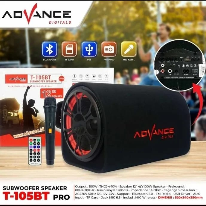 Advance Bluetooth Speaker T105BT Pro Ukuran 12 Inchi Free Wireless Mic
