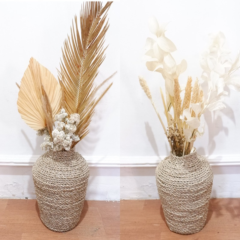 PAKET LENGKAP BUNGA KERING & VAS Mendong bung kering paket lengkap daun palem+pampas kering