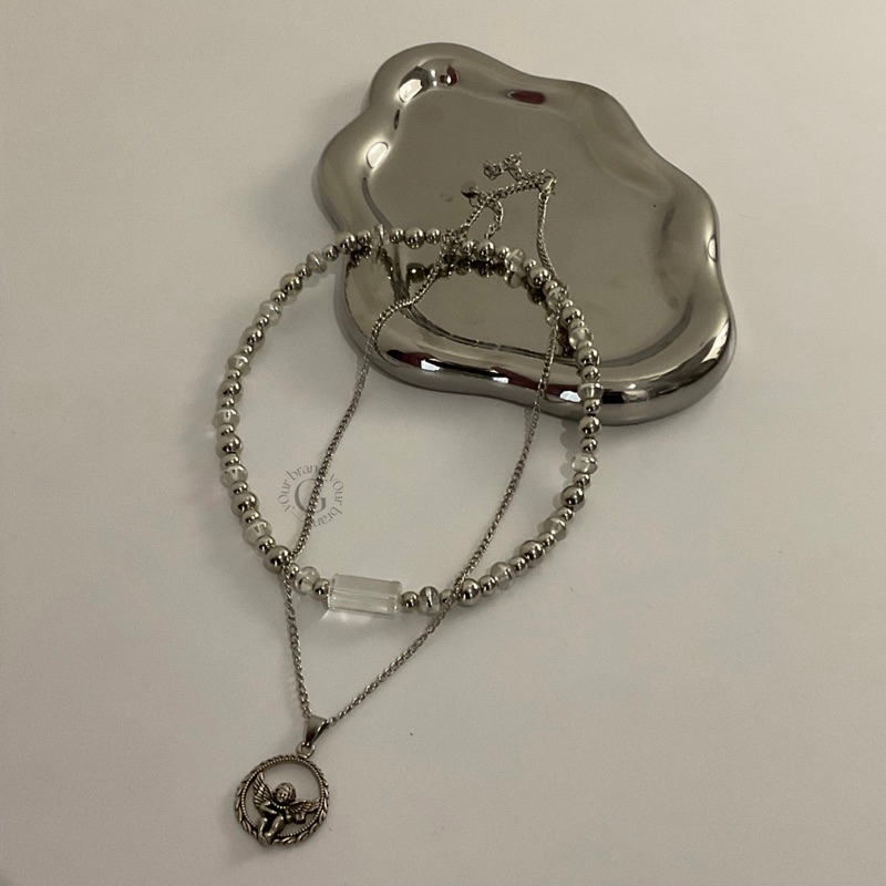 ⋆˙⟡[ K - 613 ] [ READY STOCK ]⟡˙⋆ Silvery necklace angel pendant glass beads kalung silver manik transparant kalung malaikat