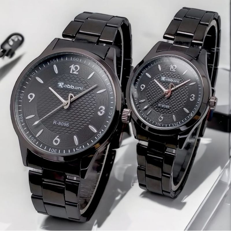 Jam Tangan Rantai Pria Wanita / Couple, Rantai Hitam Full Black, Rabbani 01.