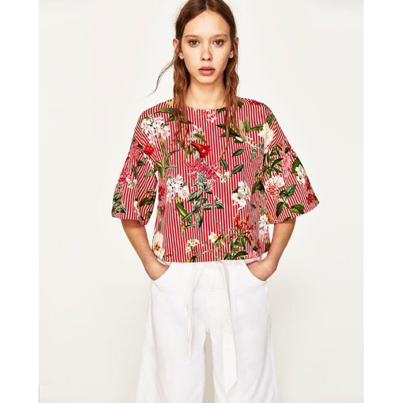 PRELOVED ZARA ATASAN BLOUSE FLORAL RED WITH STRIPED