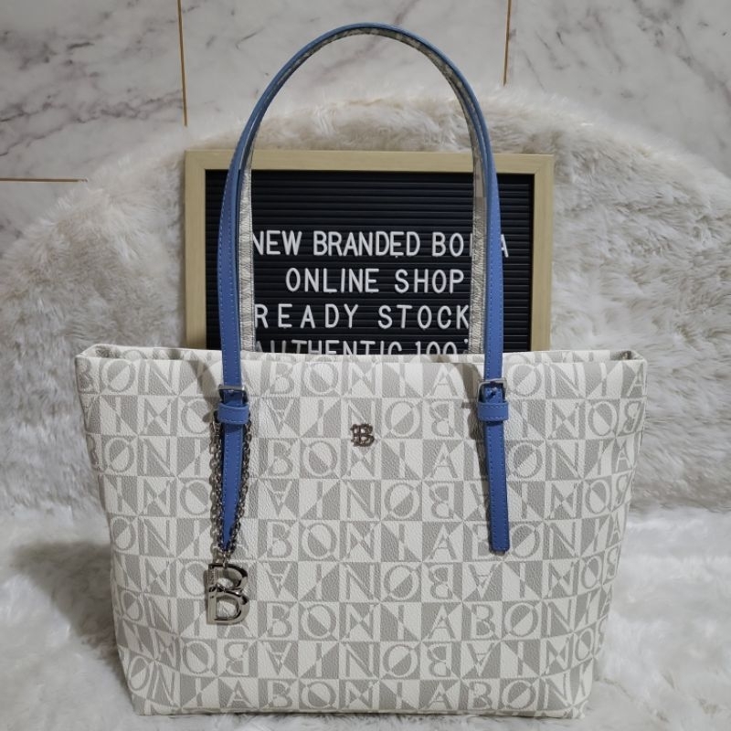 tas bonia original tote bag monogram putih tali biru M