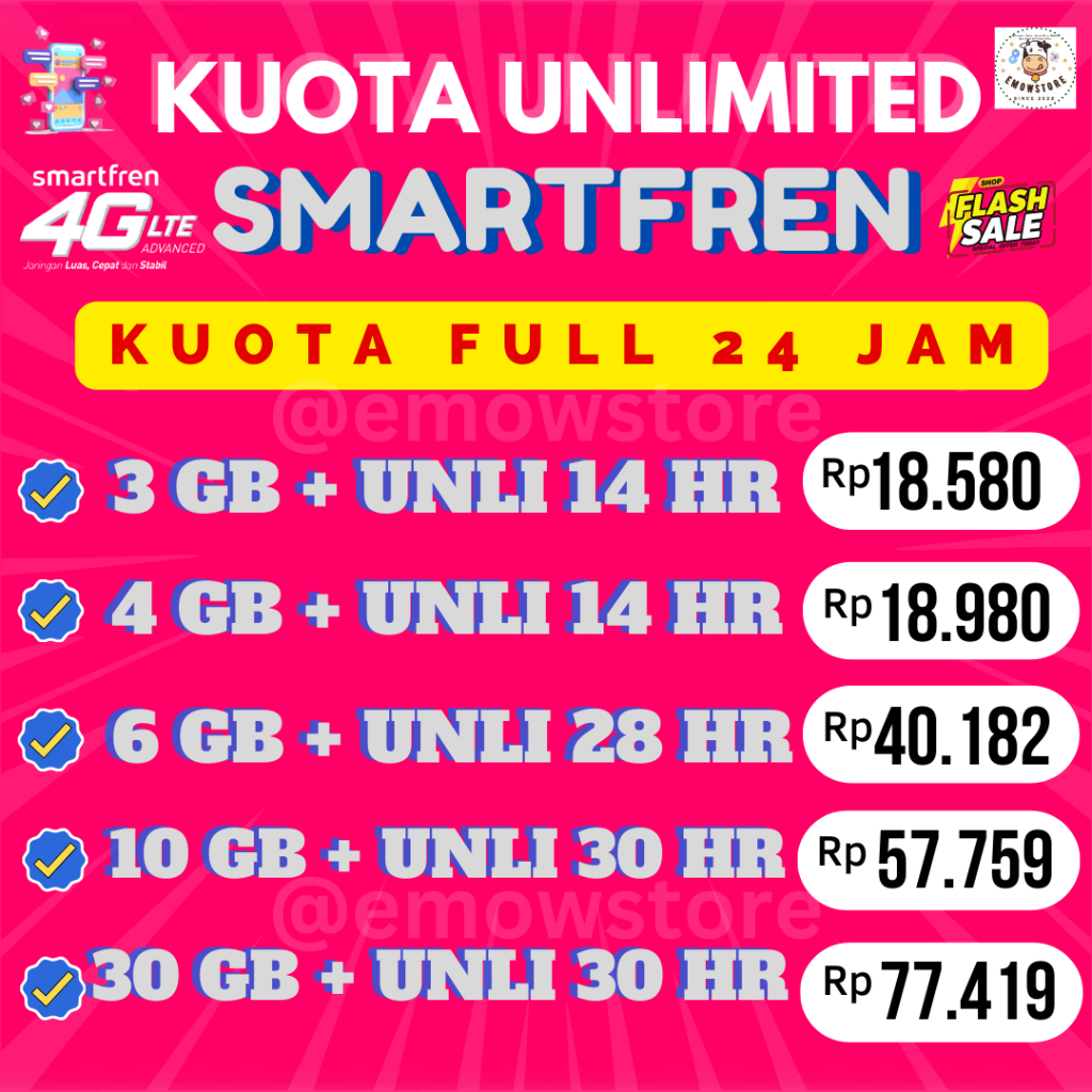 PROMO PAKET DATA KUOTA SMARTFREN UNLIMITED NONSTOP HARIAN BULANAN KUOTA FULL 24 JAM MURAH