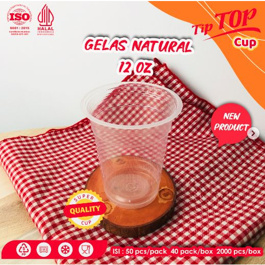 Gelas Plastik 12 oz / Cup Tiptop 10oz / Gelas Plastik Datar Gelas Natural 50 pcs (tanpa tutup)