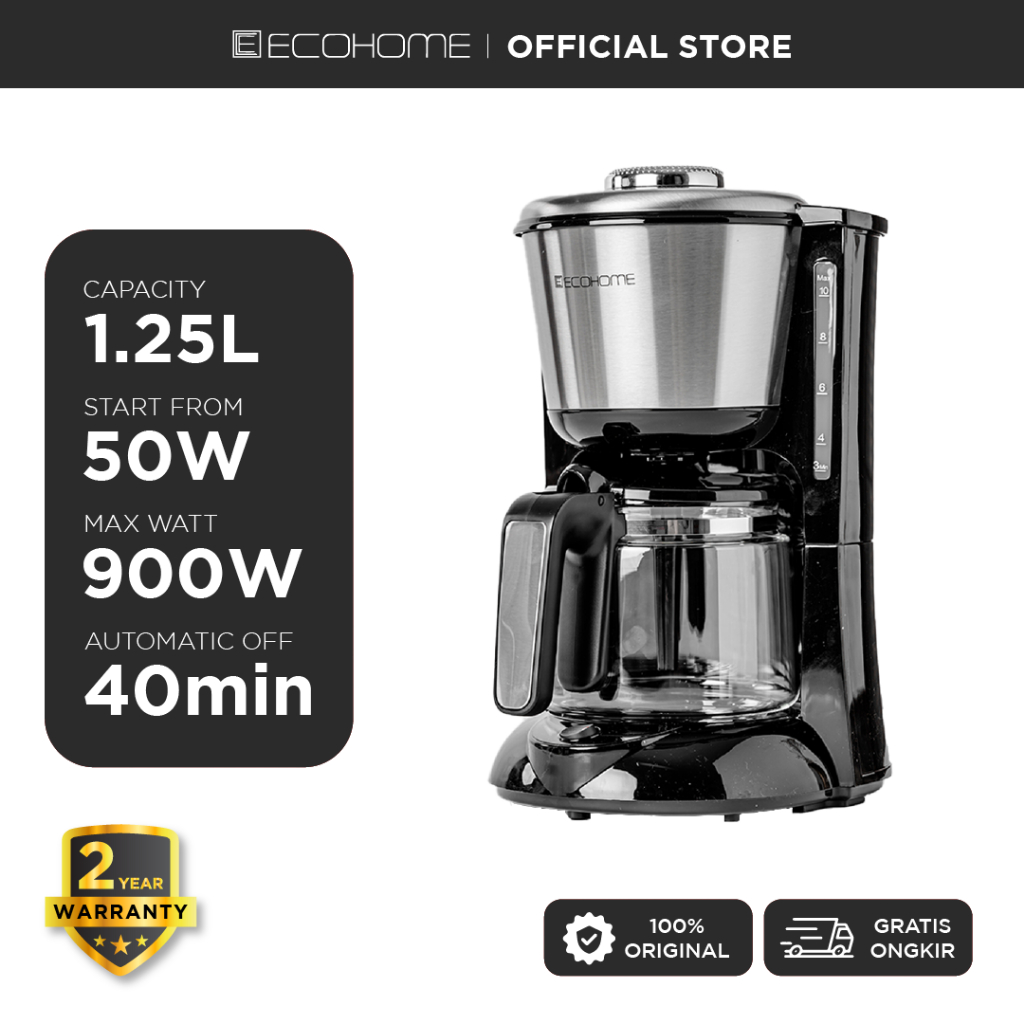 ECOHOME Coffee Maker ECM333 Mesin Pembuat Kopi Cepat Saji 1.25L Capacity Low Watt with Reusable Filt