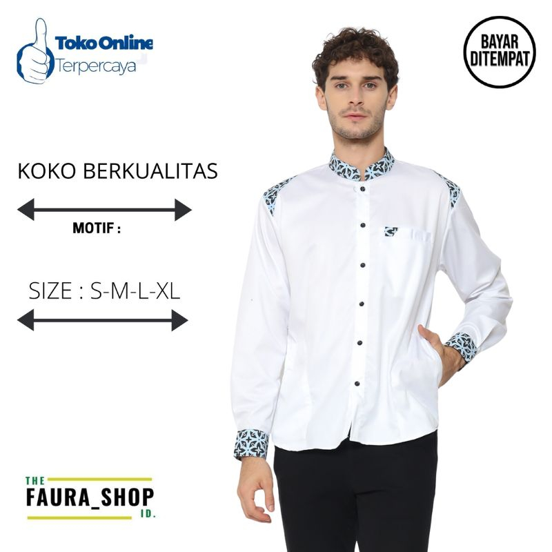 Faura - Baju Koko Pria Dewasa Lengan Panjang Kombinasi Batik Kemko Bara Warna Putih M L XL