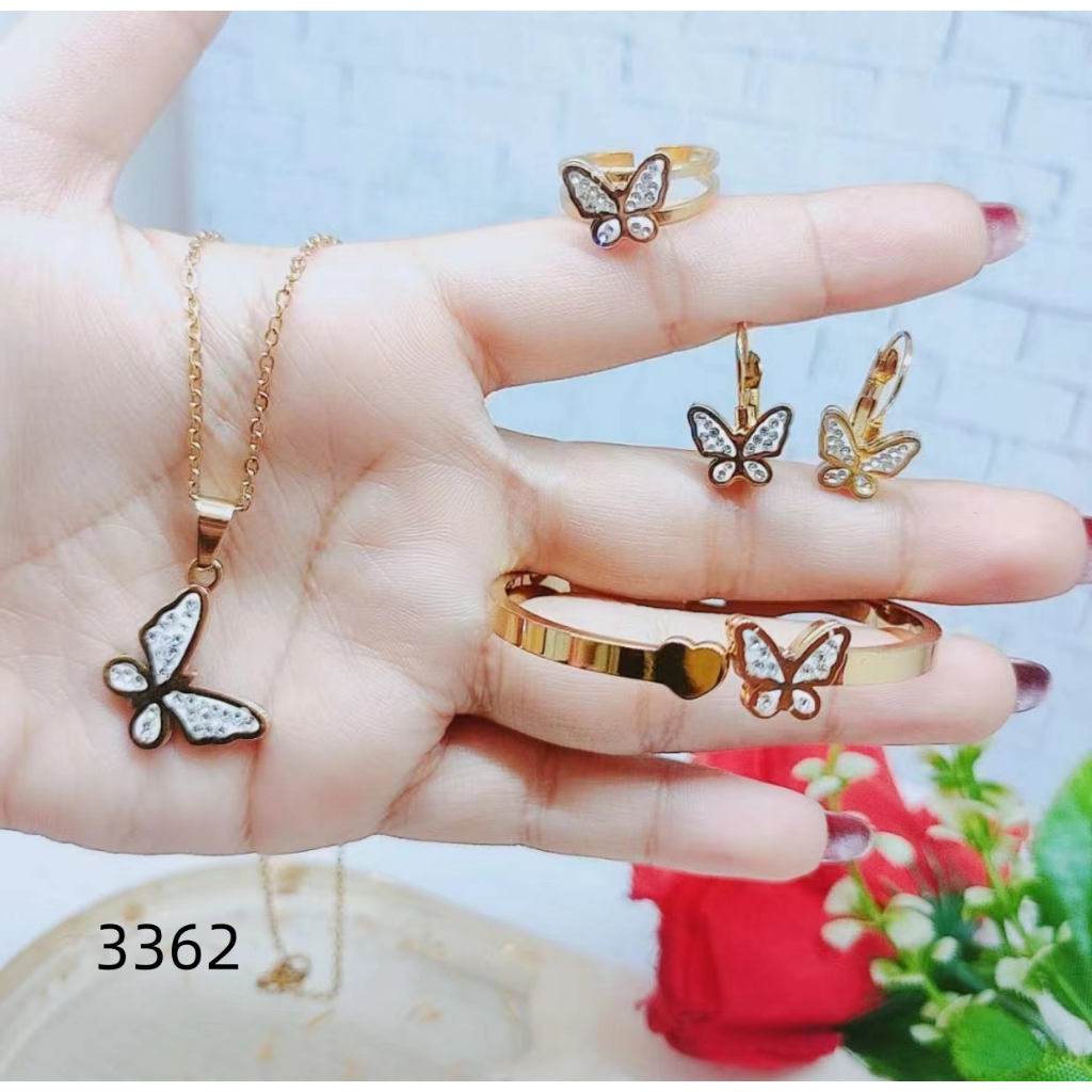 Set Anak Titanium 3362 Permata Anti Karat Perhiasan Kalung gelang Dan Anting Cincin
