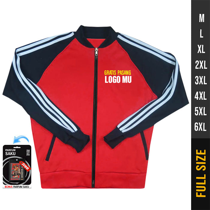 JAKET OLAHRAGA JUMBO MERAH STRIP PUTIH KOMBINASI HITAM  (M-6XL) JAKET TRACKTOP POLOS KOMBINASI