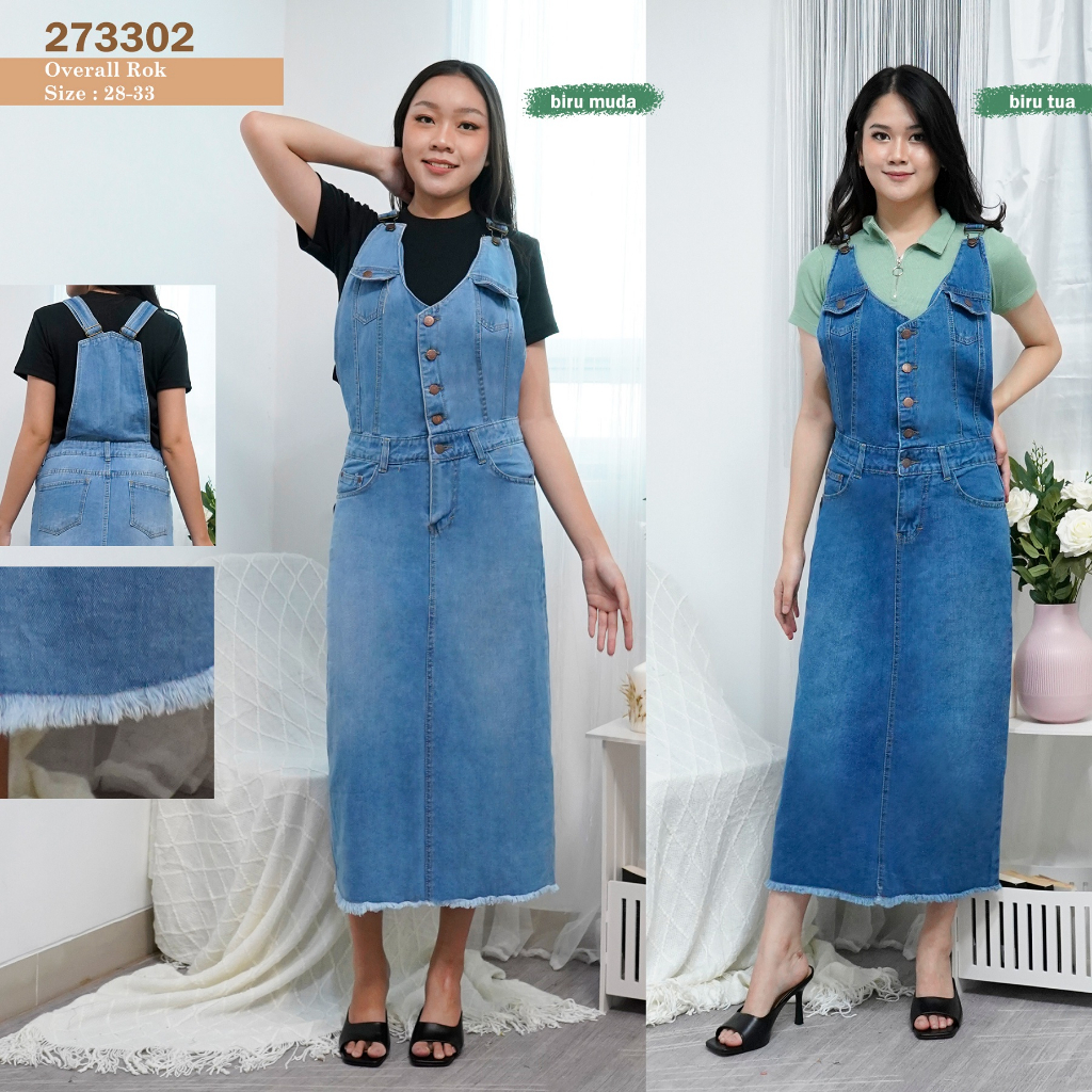 COSMOPOLITE - Baju Kodok / Overall Jeans Wanita Jumpsuit Jeans Rok Panjang Rawis atasan Kancing