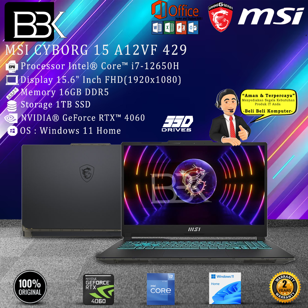 MSI CYBORG 15 A12VF 429 i7-12650H 16GB 1TB SSD RTX4060 W11H+OHS21 2YR