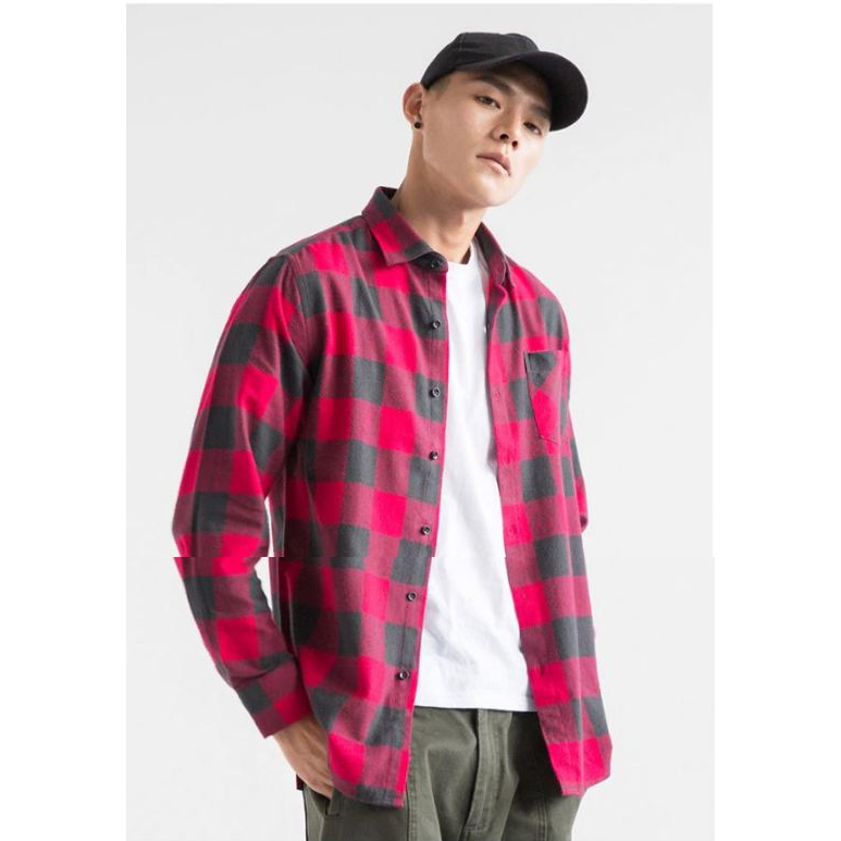 Kasual Kemeja Kotak-kotak Pria Slim Fit Kapas Wol Pria Lengan Panjang / Kemeja Pria Fashion Merek Pl