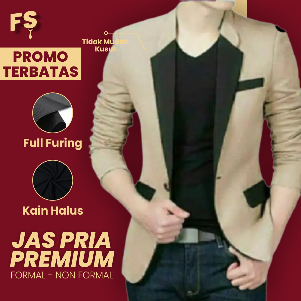 BLAZER JAS KOREA NIKAH WISUDA PENGANTIN PRIA SLIM FIT FORMAL - CREAM HITAM 034