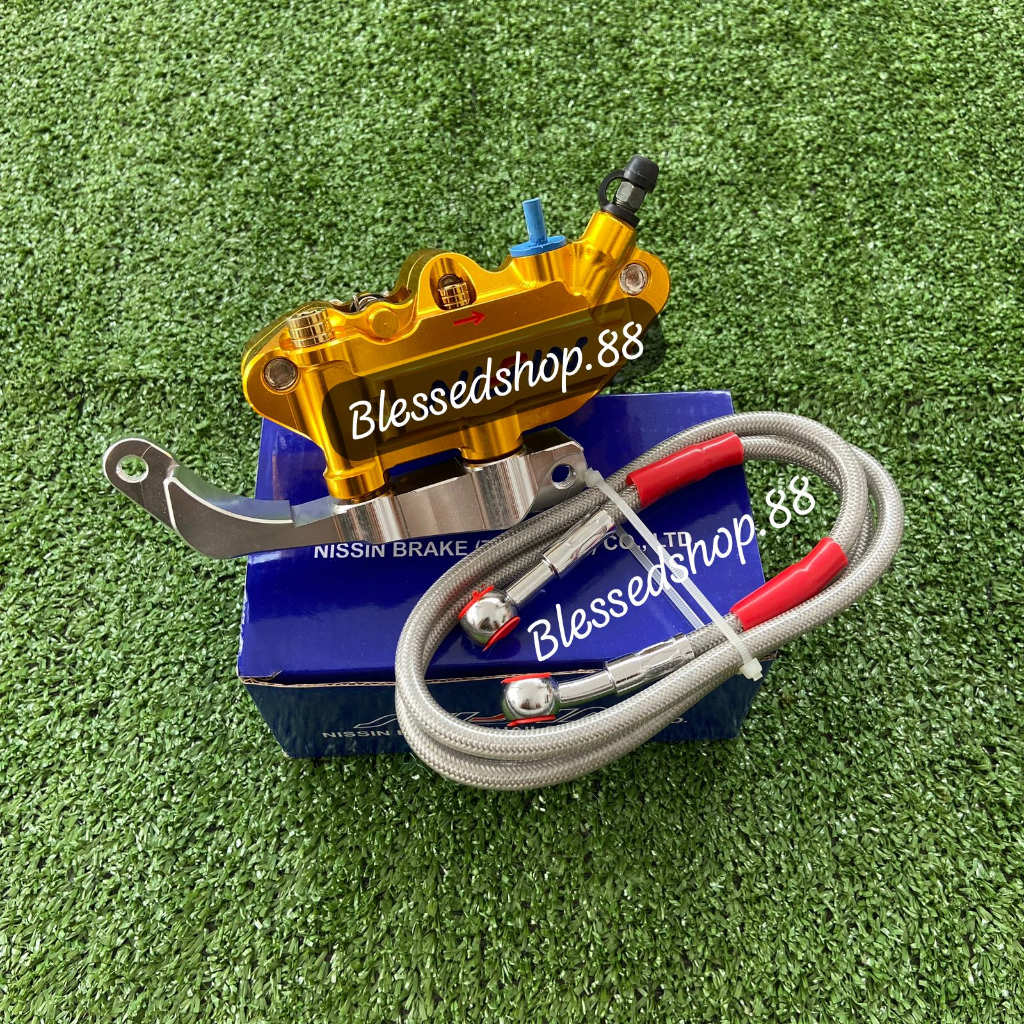 PAKET KALIPER MONOBLOK NISZIN 4PISTON + SELANG REM 130CM + 2 BAUT + BREKET 4 PISTON DEPAN PCX STANDA