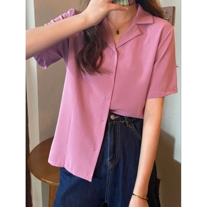 Kemeja Wanita Korea Style Jumbo Lengan Pendek Terkini 2021