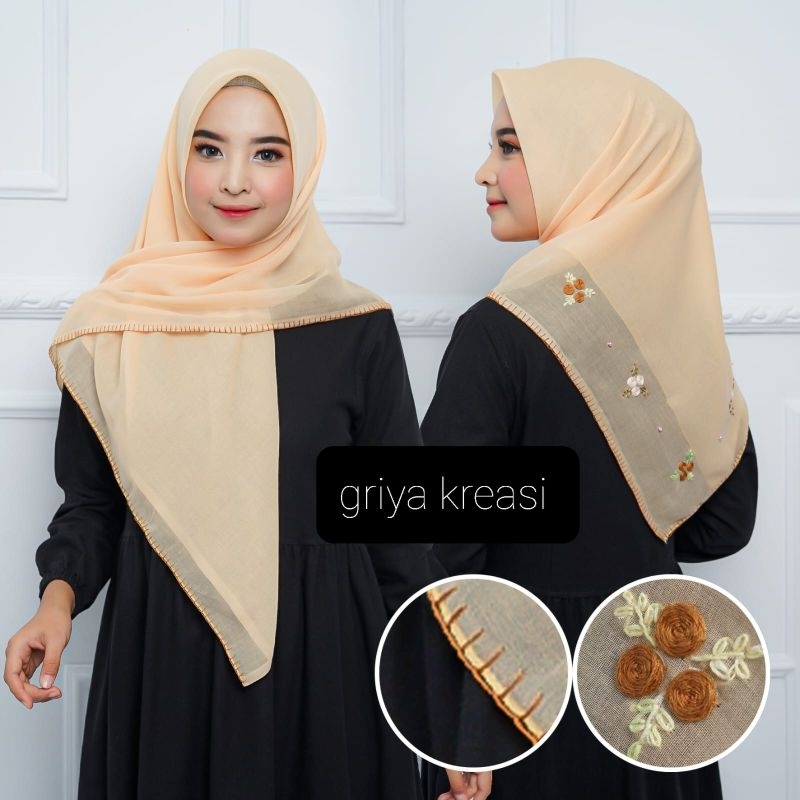 Jilbab Paris Segi Empat Polos Premium dengan Sulaman Motif Pager Pinggir, Nyaman untuk Aktivitas Seh