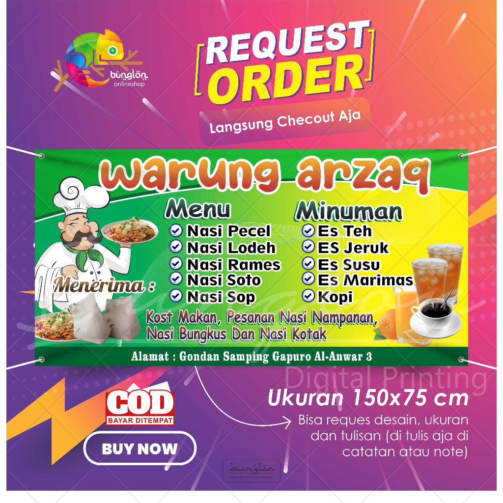 Size 150x75 Spanduk Warung Nasi, Banner Warung Nasi Sederhana