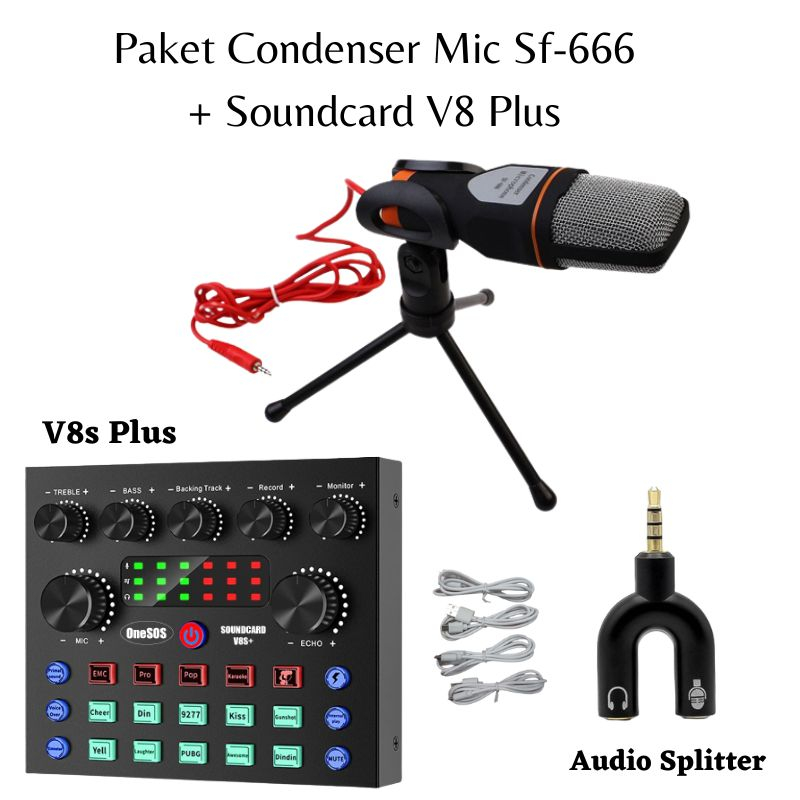 Paket Komplit Condenser Mic SF 666 Soundcard V8S Plus V8 Bluetooth Lengkap Kampuscase Laptop Splitte