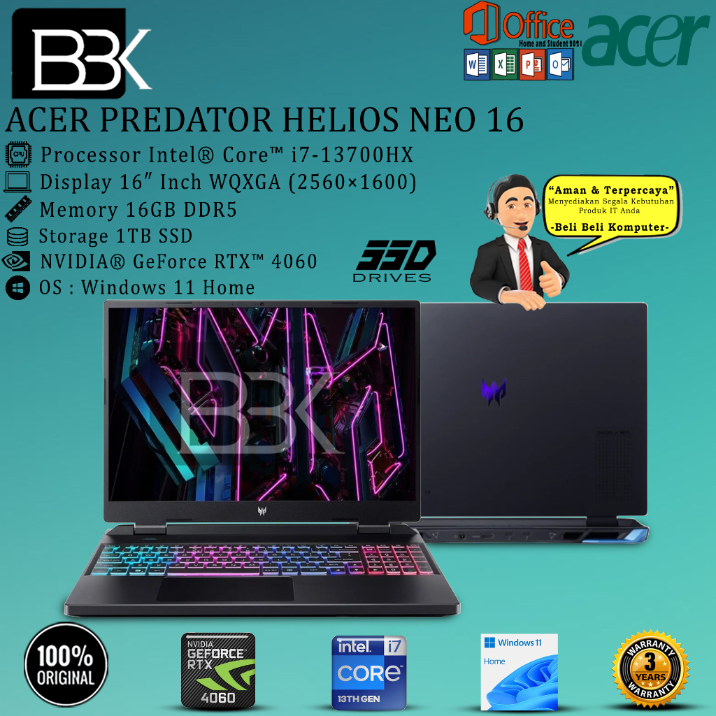 ACER PREDATOR HELIOS NEO 16 i7-13700HX 16GB 1TB SSD RTX4060 W11H+OHS