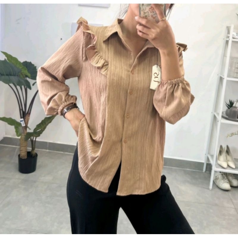 Ruffle Blouse Wanita Ruffle Crinkle Shirt Kemeja Peplum Baju Kantor Formal Kerja Cewek Kemeja Ruffle BabyDoll Tangan Panjang Kemeja Basic Polos Atasan Wanita Lengan Panjang Kancing Depan Longsleeve Shirt Casual shirt