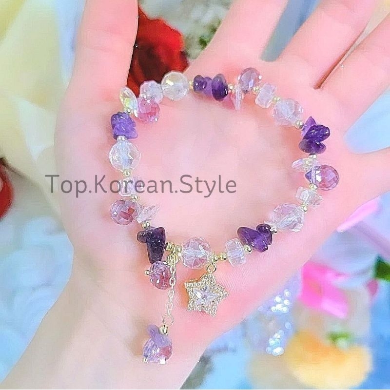 gelang wanita korea batu amethyst kecubung ungu star elastis premium top korean style