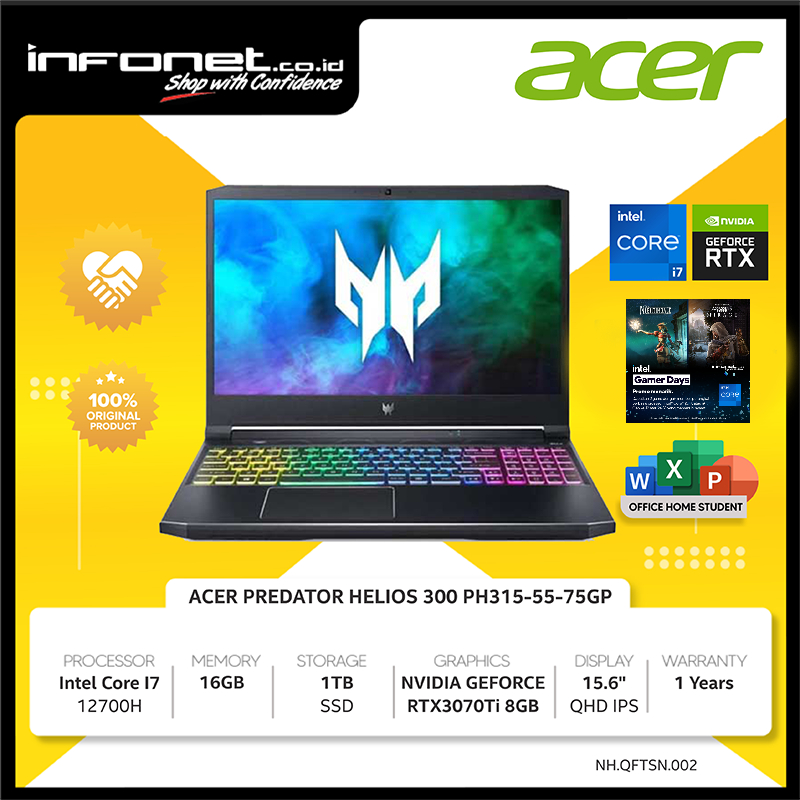 ACER PREDATOR HELIOS 300 PH315 RTX3070Ti 8GB  i7 12700H 16GB 1TB 15.6" QHD OLED IPS 165Hz W11 OHS21