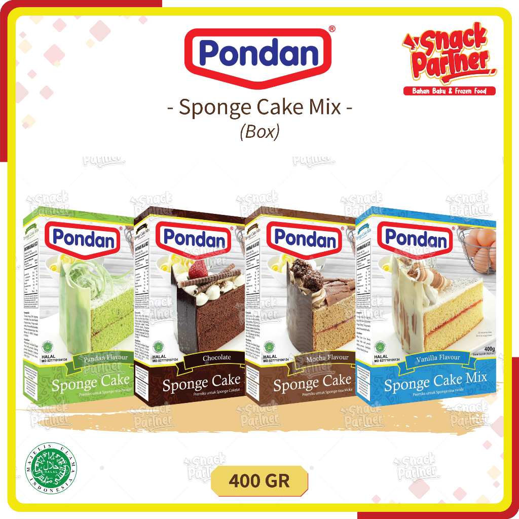 

PONDAN SPONGE CAKE MIX 400 GR / BOX - Tepung Premix Premiks Instant Untuk Kue Vanilla Vanila Chocolate Coklat Choco Mocha Moka Kopi Pandan Suji 400GR