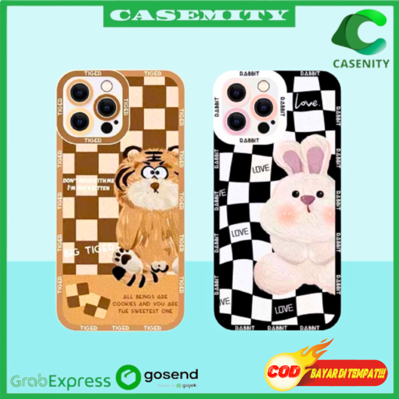 Case iPhone X XS XR 11 12 PRO MAX Casing Silicone Kotak-Kotak Soft Case TPU Motif Rabbit Dan Tiger _