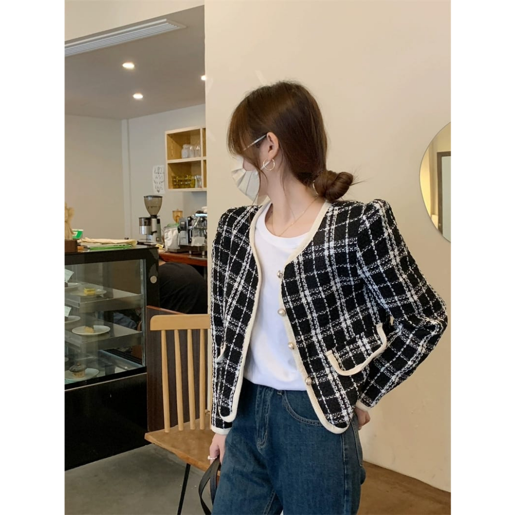 HERCHOICE H018 Baju Top Blazer | Atasan Long Square Atasan Kerah Rajut Korean Kaos Rajut Lengan Pend