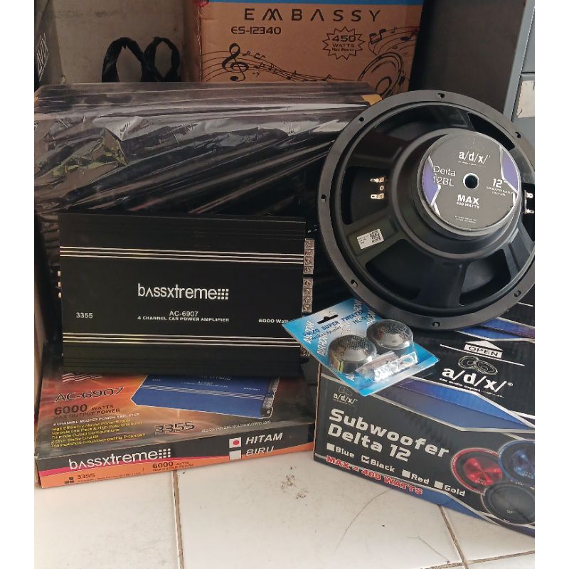 Paket audio mobil power 4ch bass treem,sub 12in adx,box 12in universal.tweeter