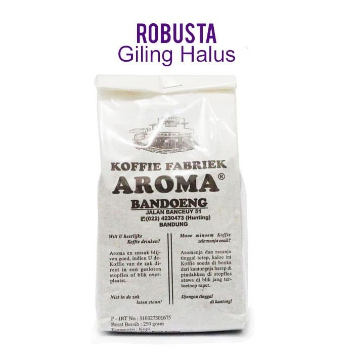 

Kopi Aroma Robusta Giling Halus / Koffie Fabriek Bubuk Bandung 250 GR