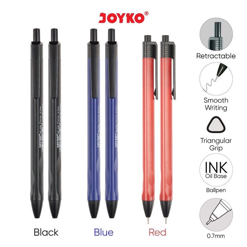 

12 Pcs!! PENA JOYKO FOCUS BP-338 0.7 mm HITAM BIRU MERAH