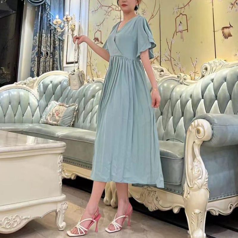 Fashion MIDI dres dress polos lengan panjang Vi neck cantik manis sopan simpel kerja kantoran ala ga