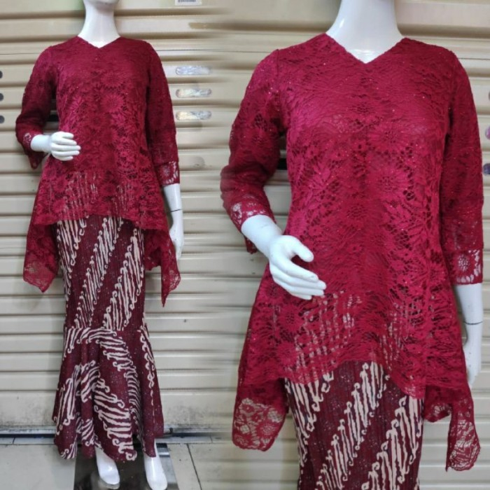 SETELAN KEBAYA RINJANI BRUKAT WARNA MERAH MAROON ADA SIZE JUMBO